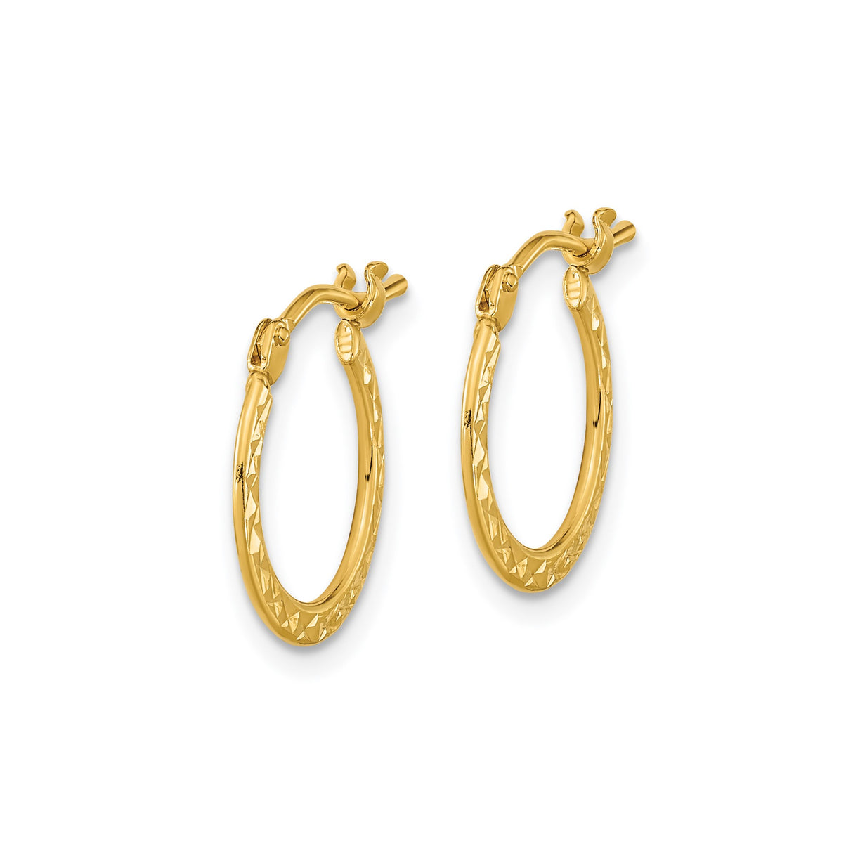 14k Yellow Gold Hoop Earrings, Diamond Cut Textured Round Hoops, Lightweight Minimalist Design