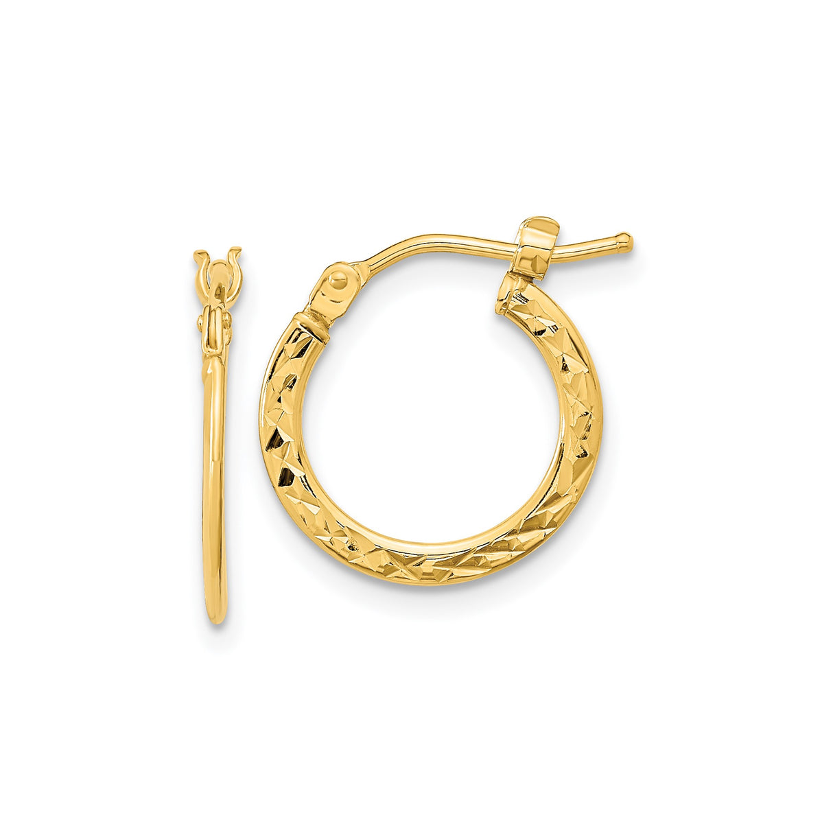 14k Yellow Gold Hoop Earrings, Diamond Cut Textured Round Hoops, Lightweight Minimalist Design