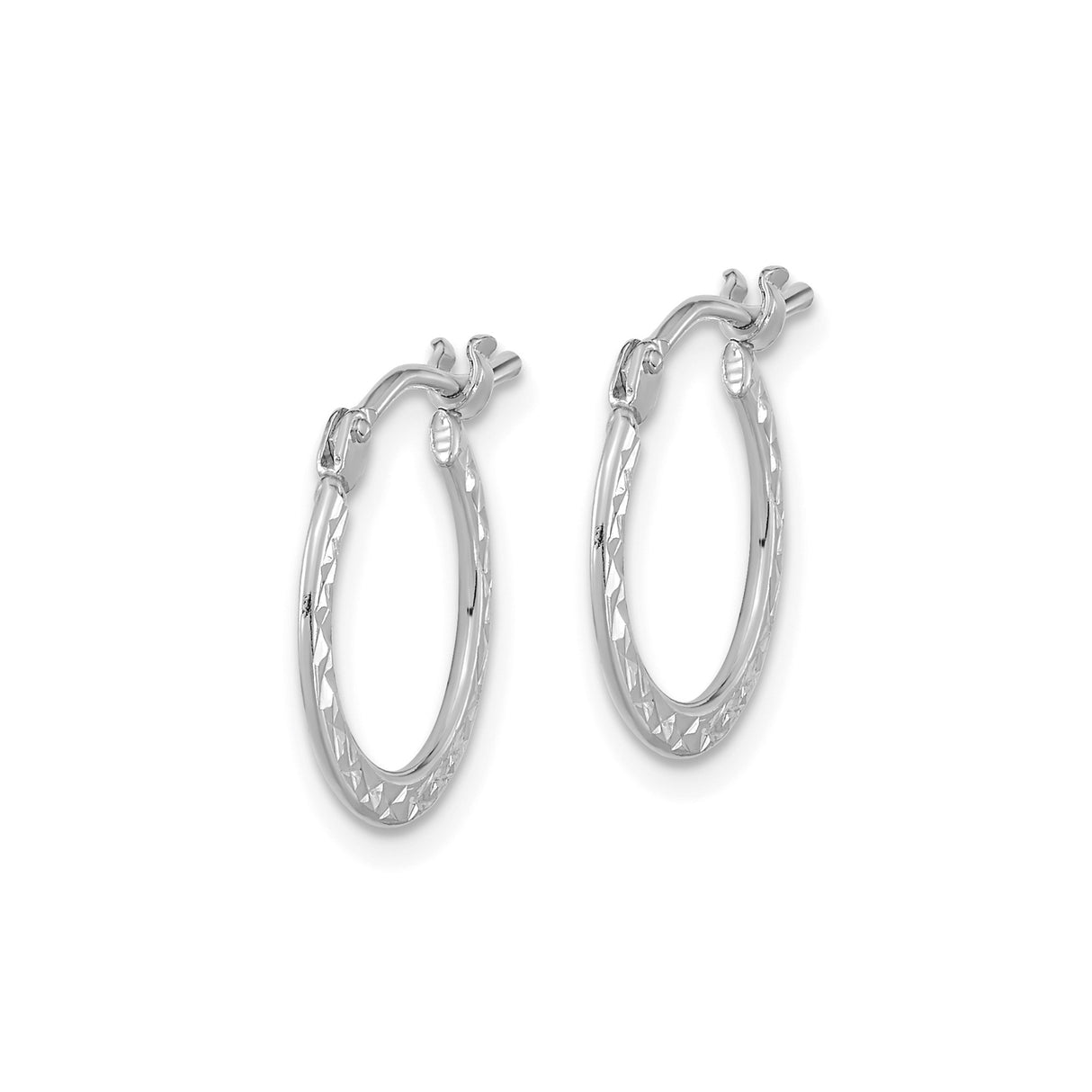 14k White Gold Hoop Earrings, Textured Diamond Cut Design, Lightweight Polished Finish