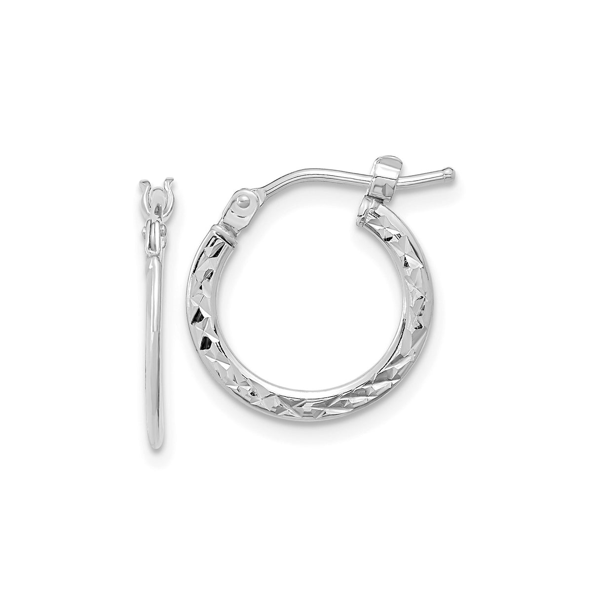 14k White Gold Hoop Earrings, Textured Diamond Cut Design, Lightweight Polished Finish