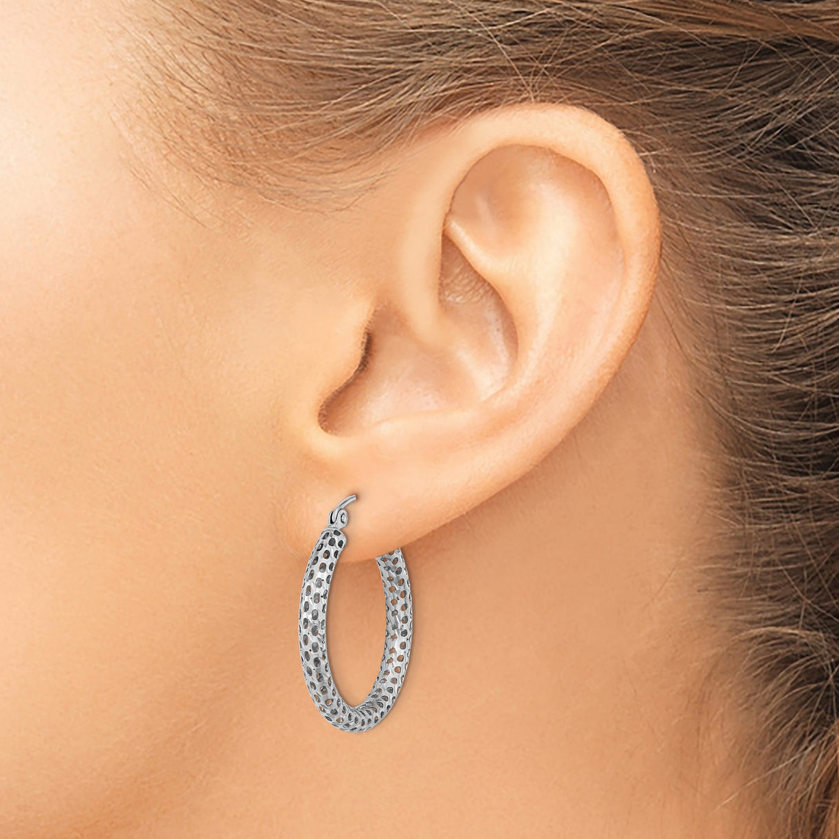 14k White Gold Hoop Earrings, Textured Diamond Cut Round Lightweight Everyday Style