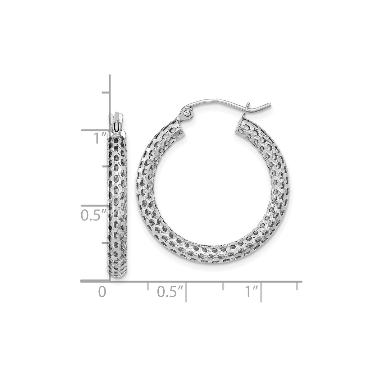 14k White Gold Hoop Earrings, Textured Diamond Cut Round Lightweight Everyday Style