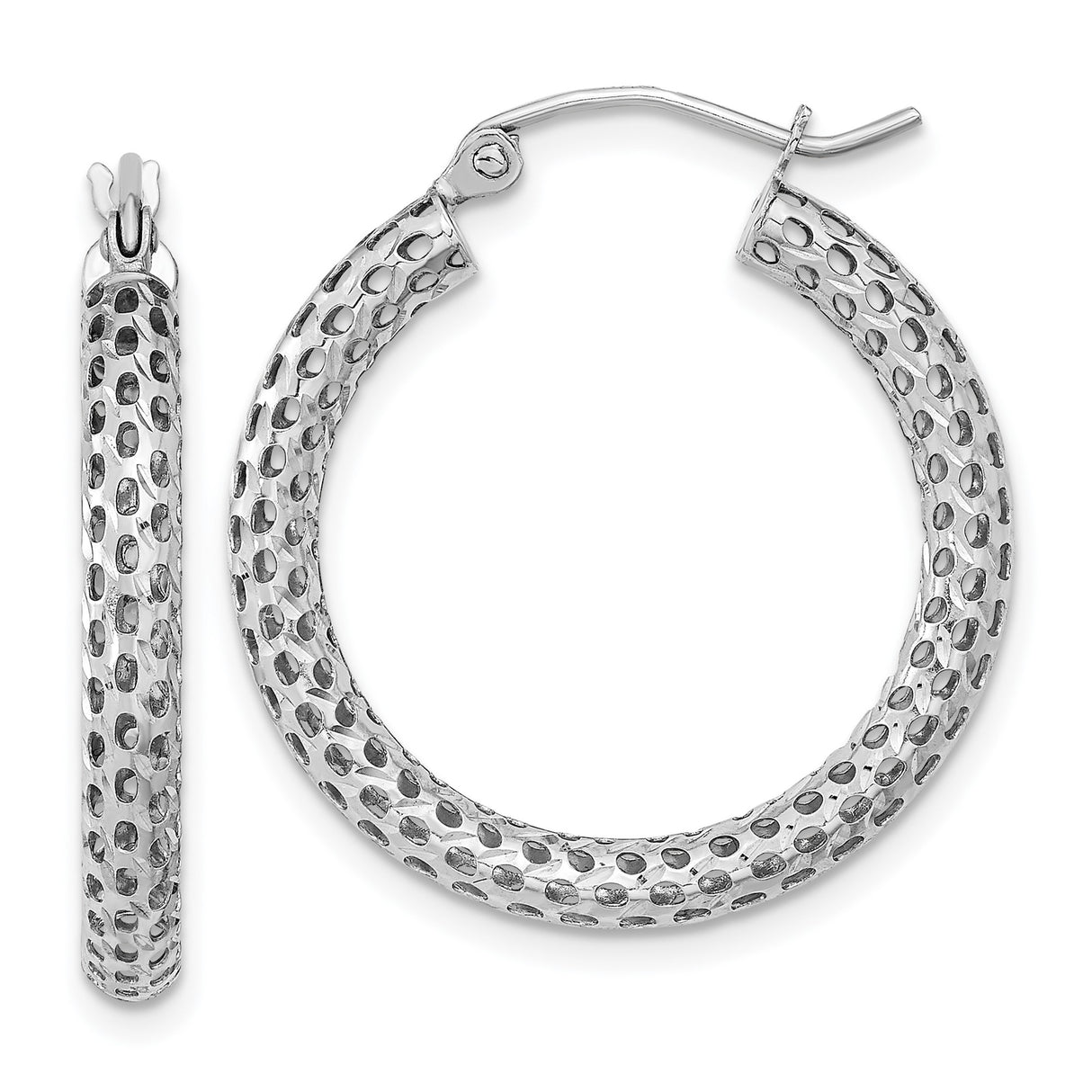 14k White Gold Hoop Earrings, Textured Diamond Cut Round Lightweight Everyday Style
