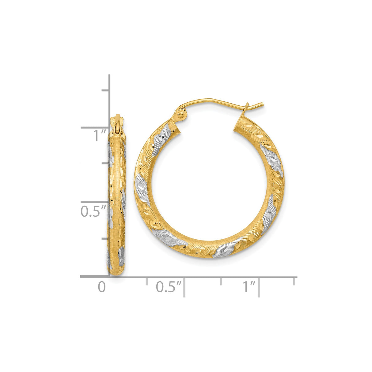 14k Two-Tone Yellow Gold Hoop Earrings with Textured Leaf Design for Women