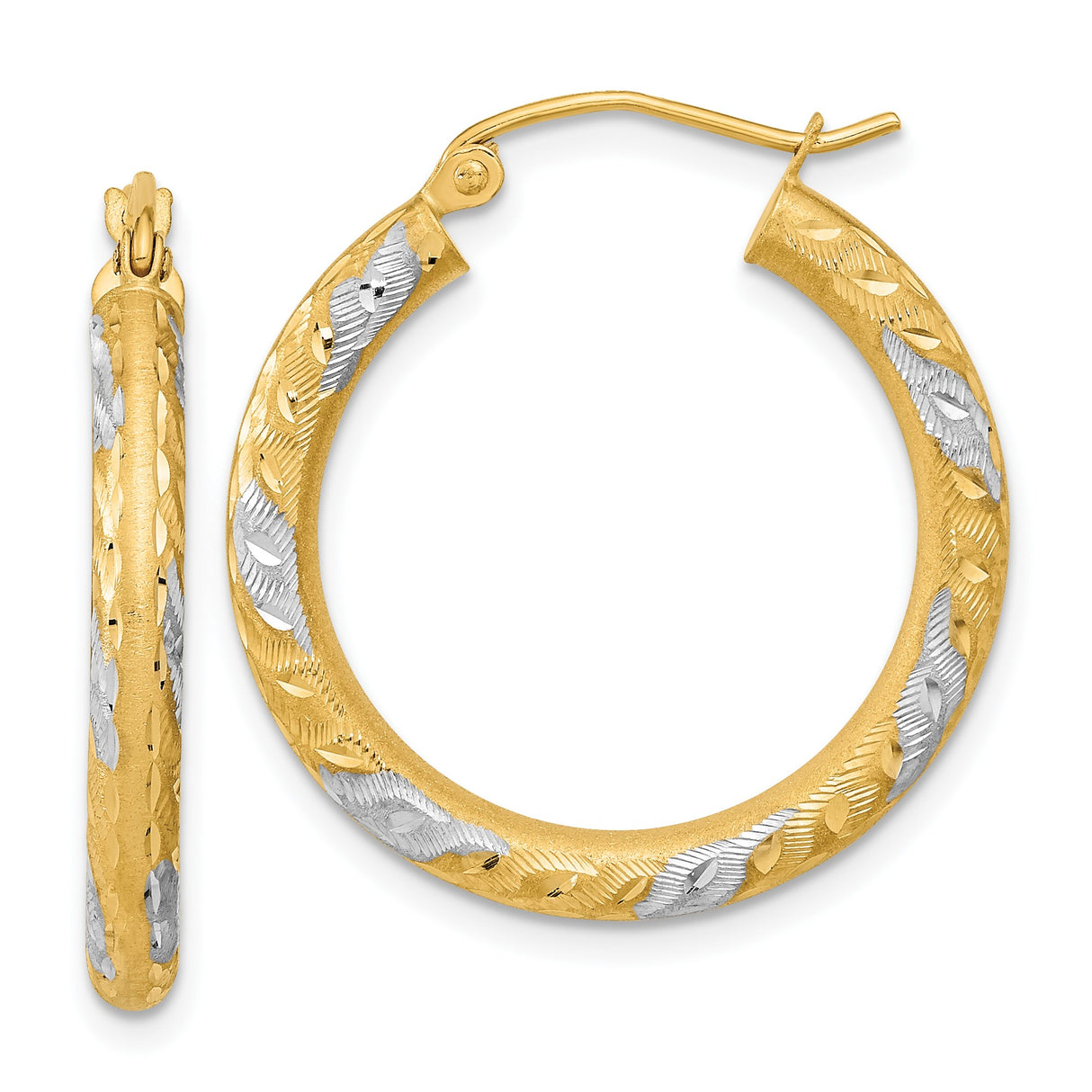 14k Two-Tone Yellow Gold Hoop Earrings with Textured Leaf Design for Women