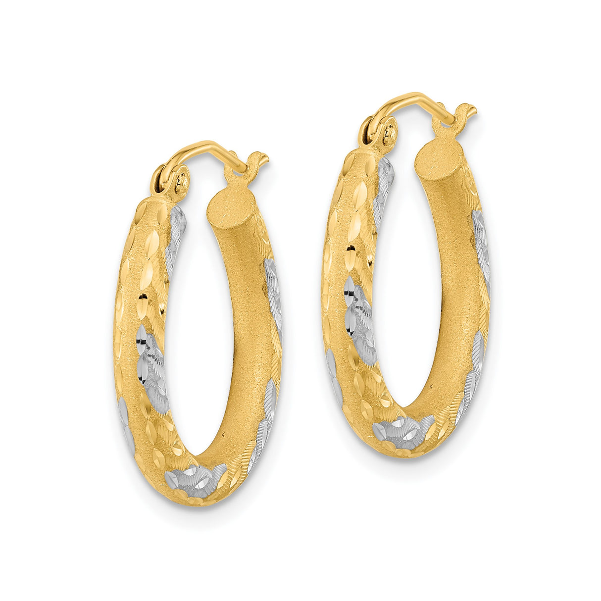 14k Yellow Gold Hoop Earrings with Textured Diamond Cut Leaf Pattern, Two Tone Design for Women