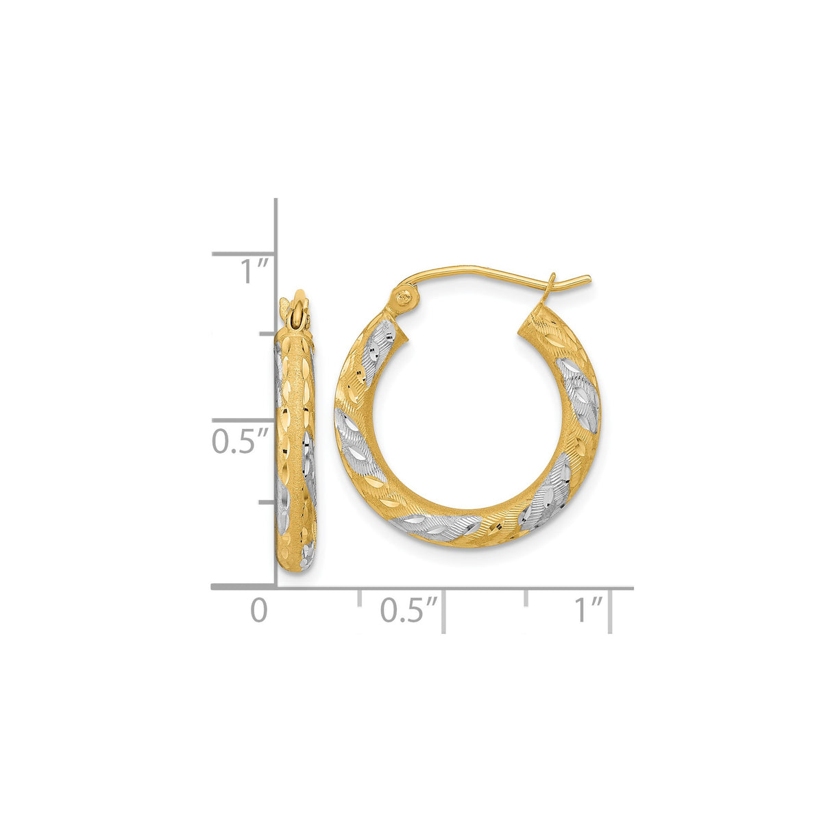 14k Yellow Gold Hoop Earrings with Textured Diamond Cut Leaf Pattern, Two Tone Design for Women