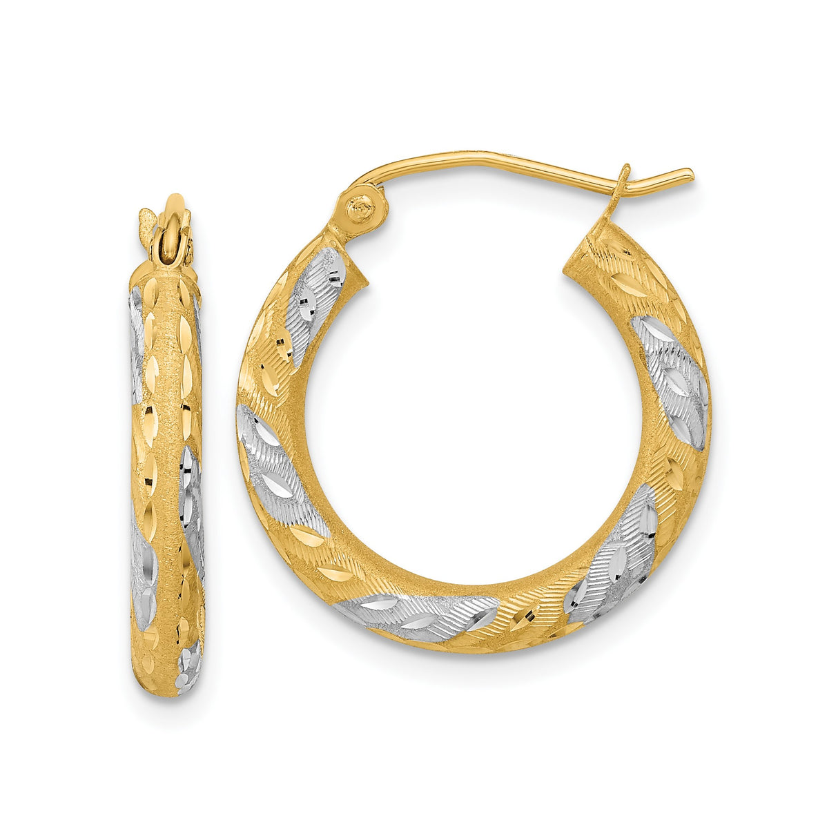 14k Yellow Gold Hoop Earrings with Textured Diamond Cut Leaf Pattern, Two Tone Design for Women