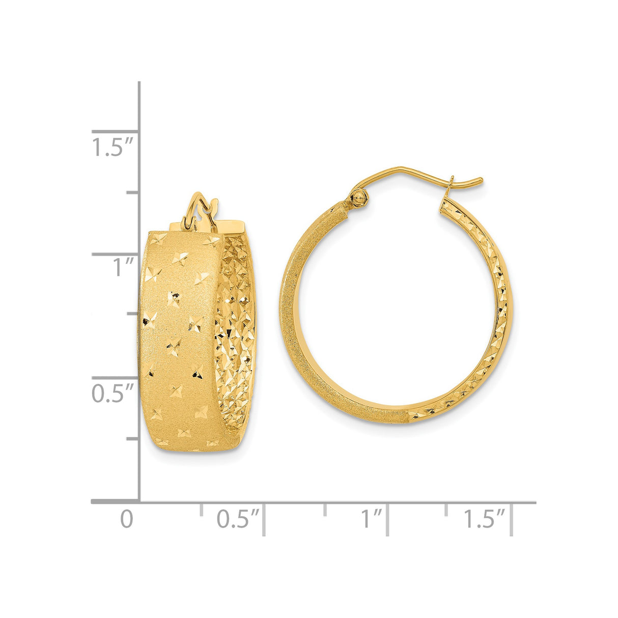 14k Yellow Gold Hoop Earrings with Diamond Cut Star Pattern, High Polish and Satin Finish