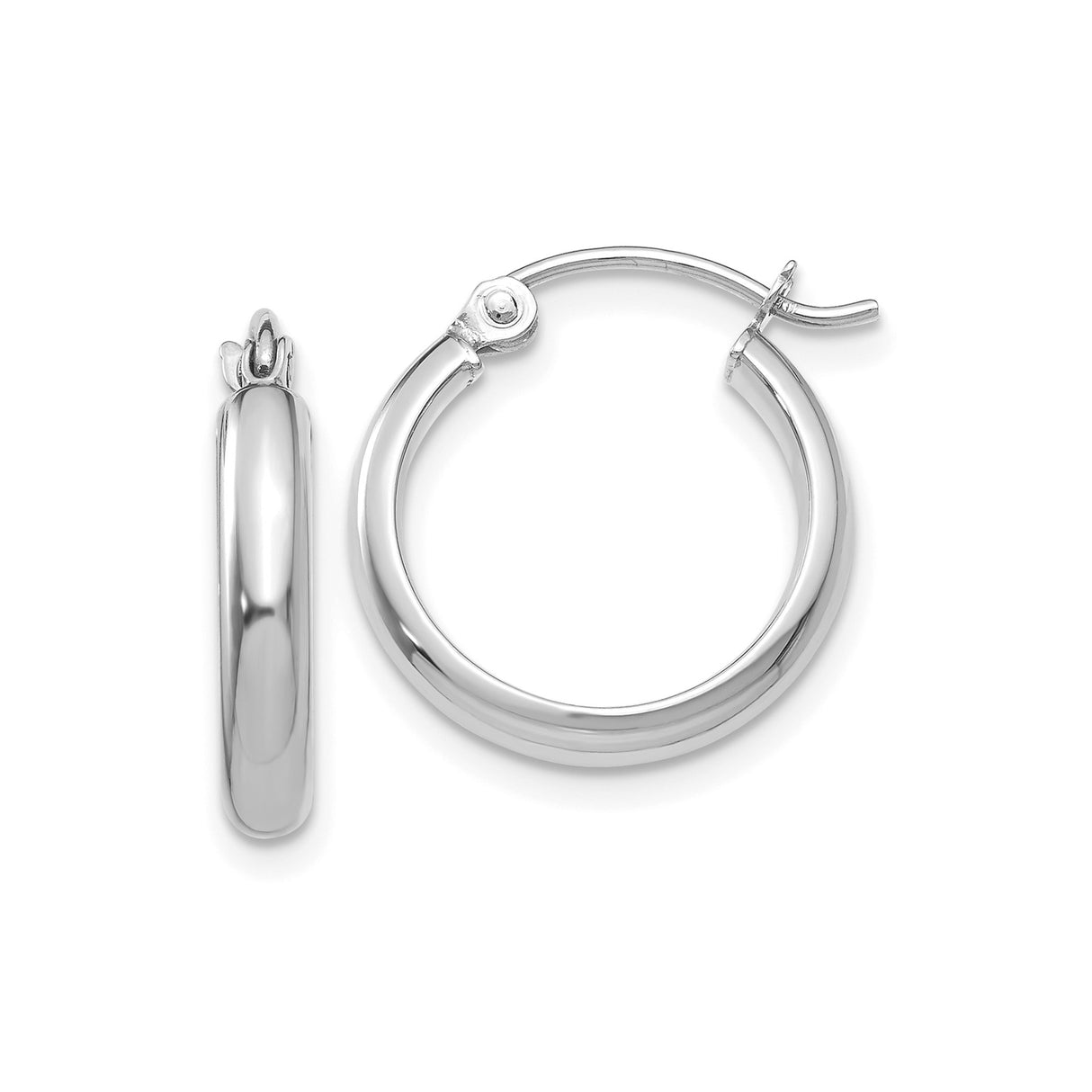 14k White Gold Hoop Earrings, Polished Round Tube Hoops with Hinged Backing, Minimalist Design