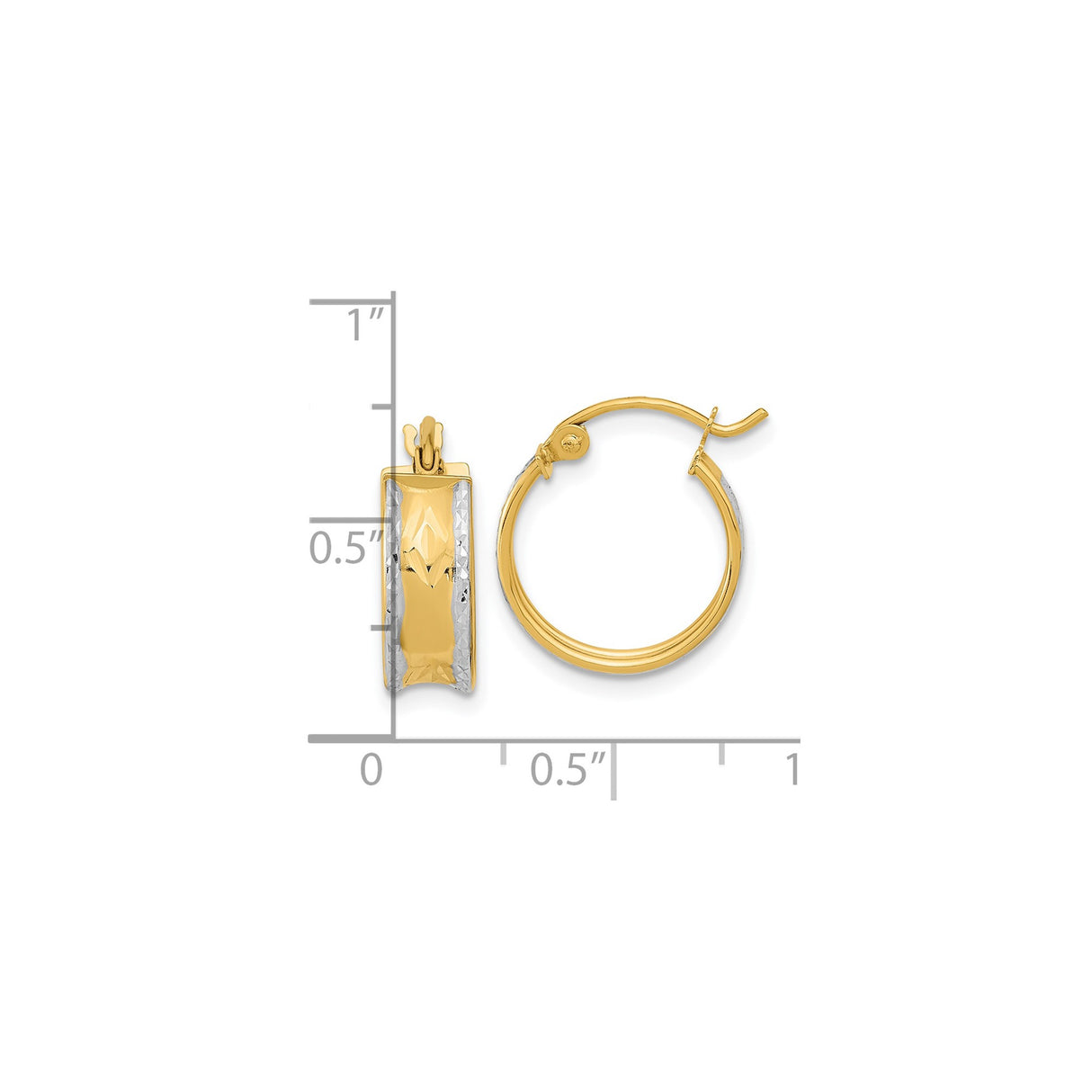 14k Yellow Gold Hoop Earrings with Rhodium Diamond Cut Leaf Design, Two Tone Lightweight Style