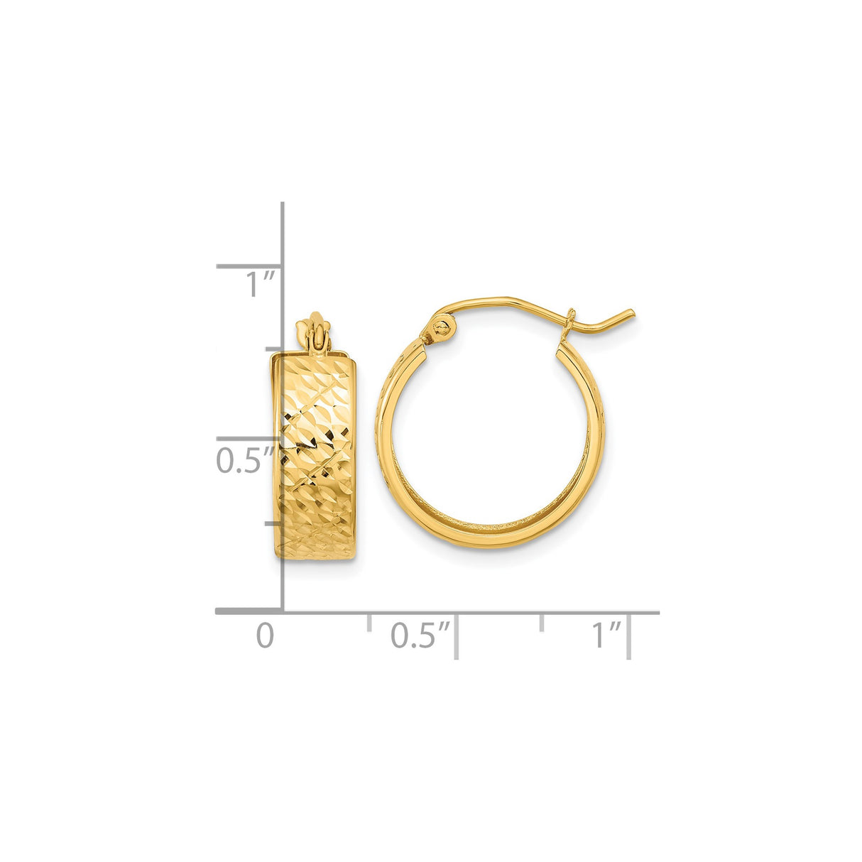 14k Yellow Gold Hoop Earrings with Diamond Cut Textured Design and Polished Finish
