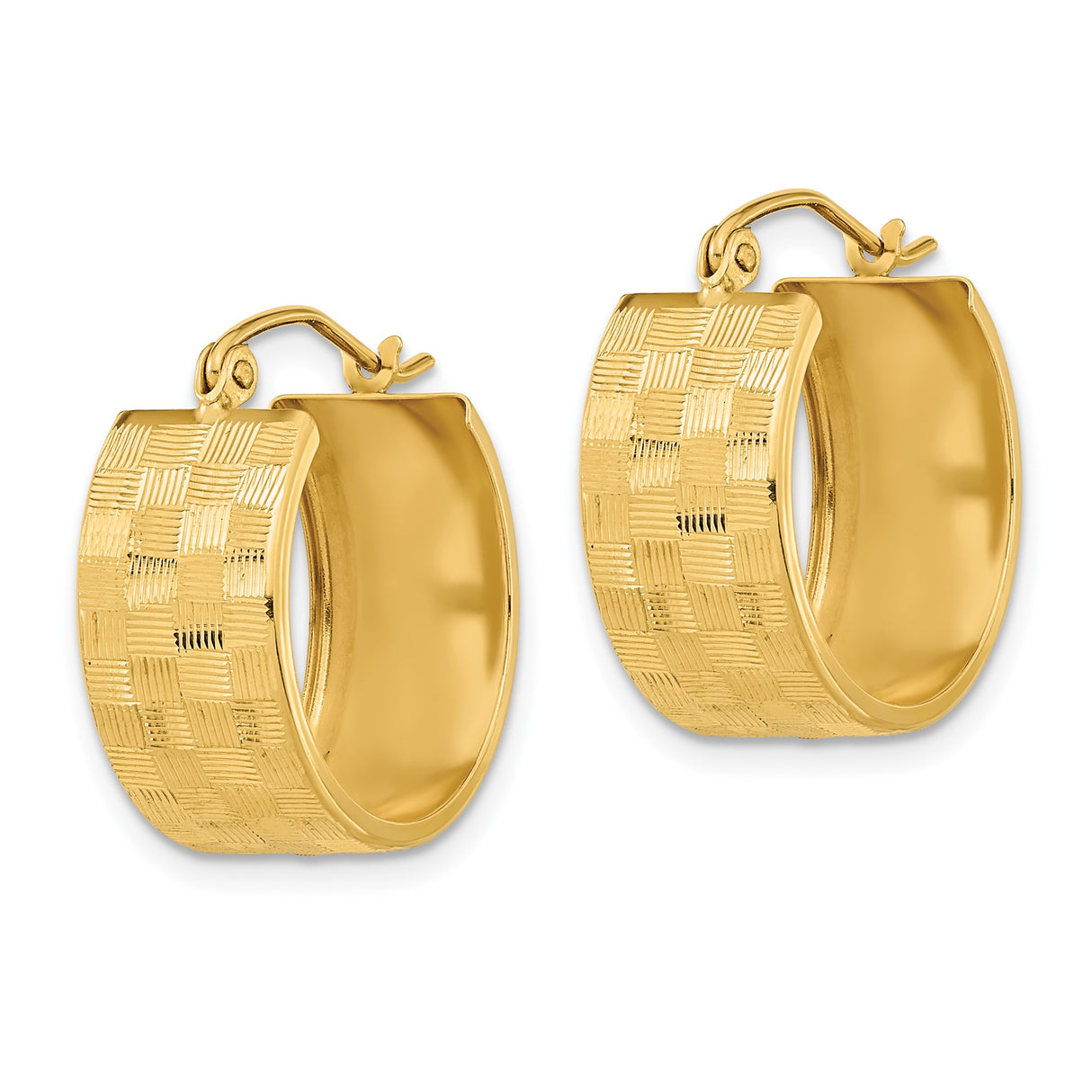 14k Yellow Gold Hoop Earrings, Textured Checkerboard Design with Polished Finish