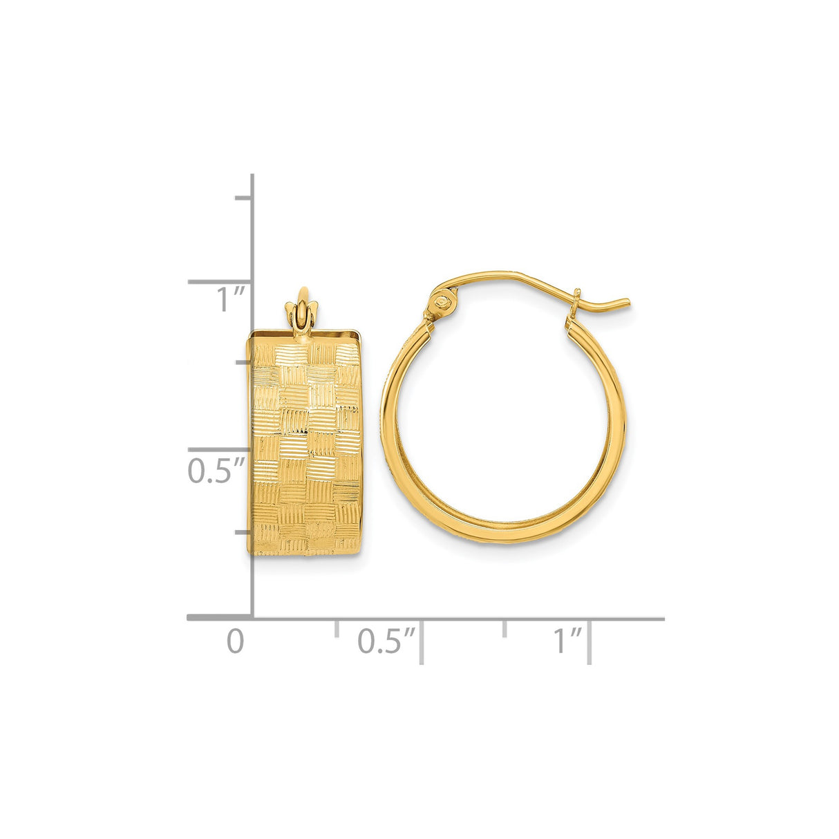 14k Yellow Gold Hoop Earrings, Textured Checkerboard Design with Polished Finish