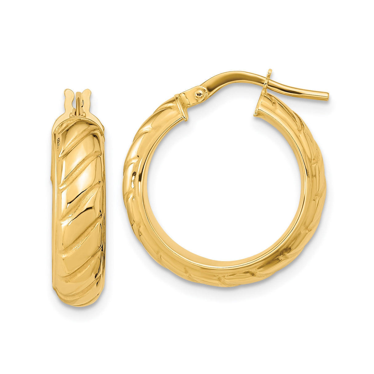 14k Yellow Gold Hoop Earrings with Polished Twisted Design, Lightweight Classic Style for Women