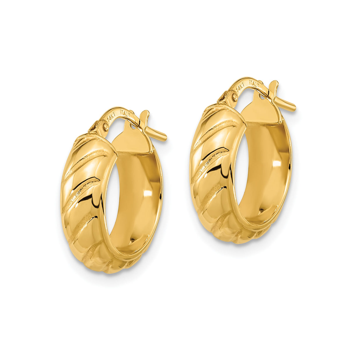14k Yellow Gold Hoop Earrings with Polished and Textured Diagonal Pattern