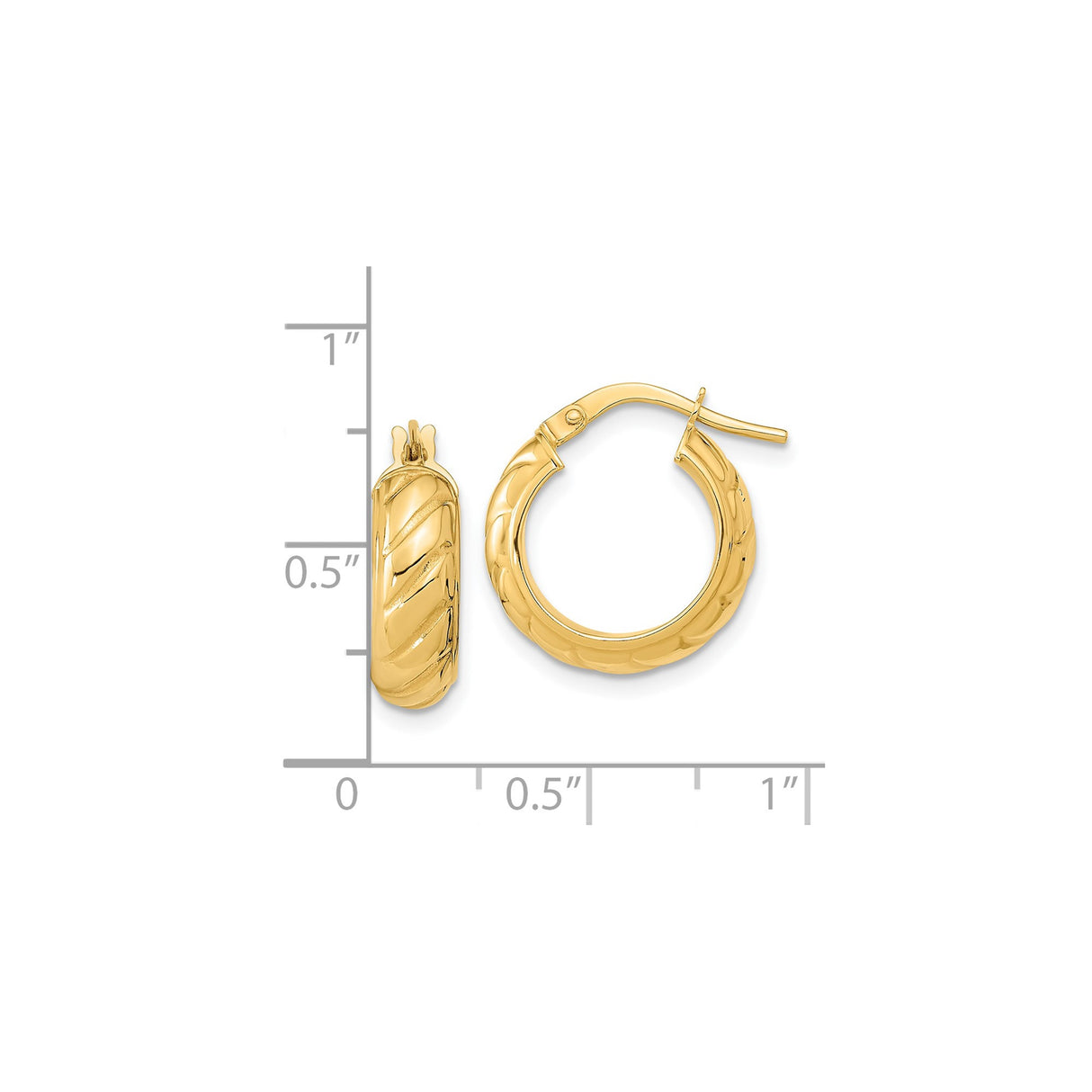 14k Yellow Gold Hoop Earrings with Polished and Textured Diagonal Pattern