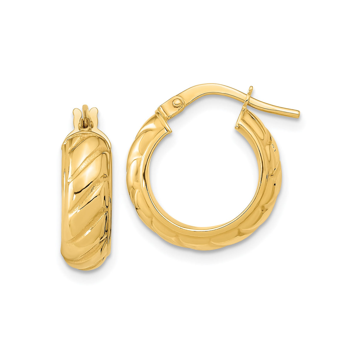 14k Yellow Gold Hoop Earrings with Polished and Textured Diagonal Pattern