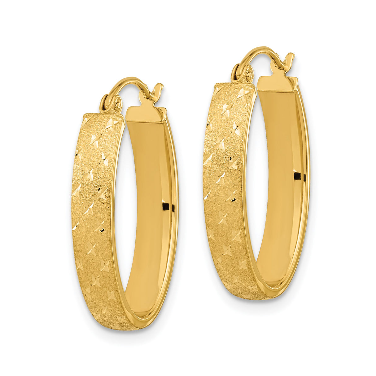 14k Yellow Gold Hoop Earrings, Oval Shape with Diamond-Cut Star Pattern and Satin Texture
