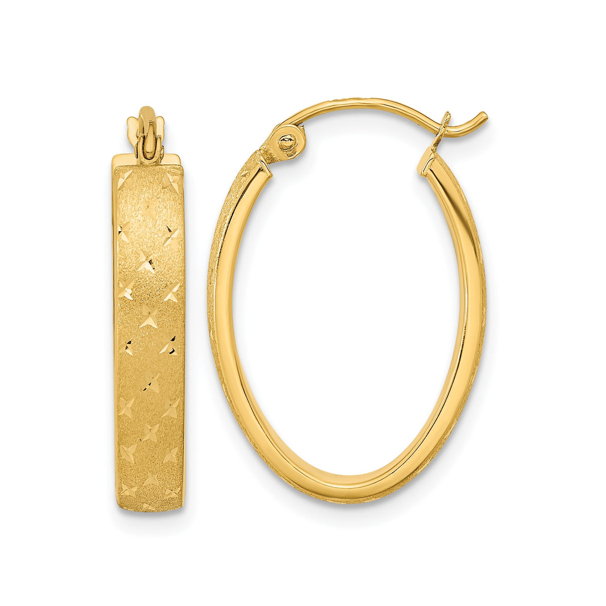 14k Yellow Gold Hoop Earrings, Oval Shape with Diamond-Cut Star Pattern and Satin Texture