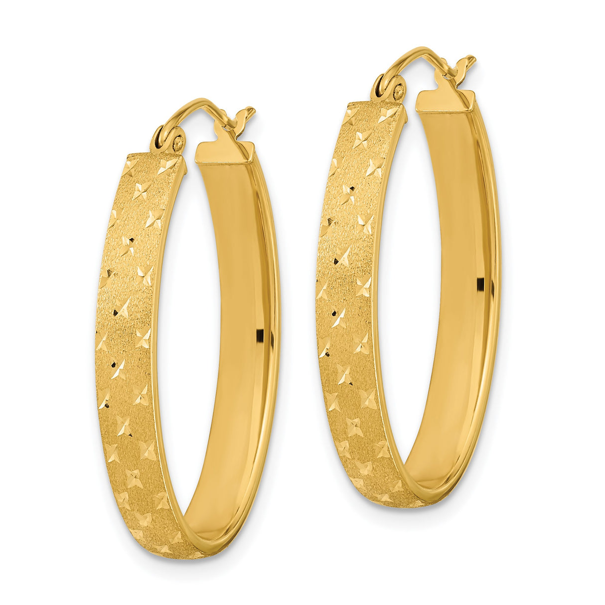 14k Yellow Gold Oval Hoop Earrings with Diamond Cut Star Pattern and Textured Finish