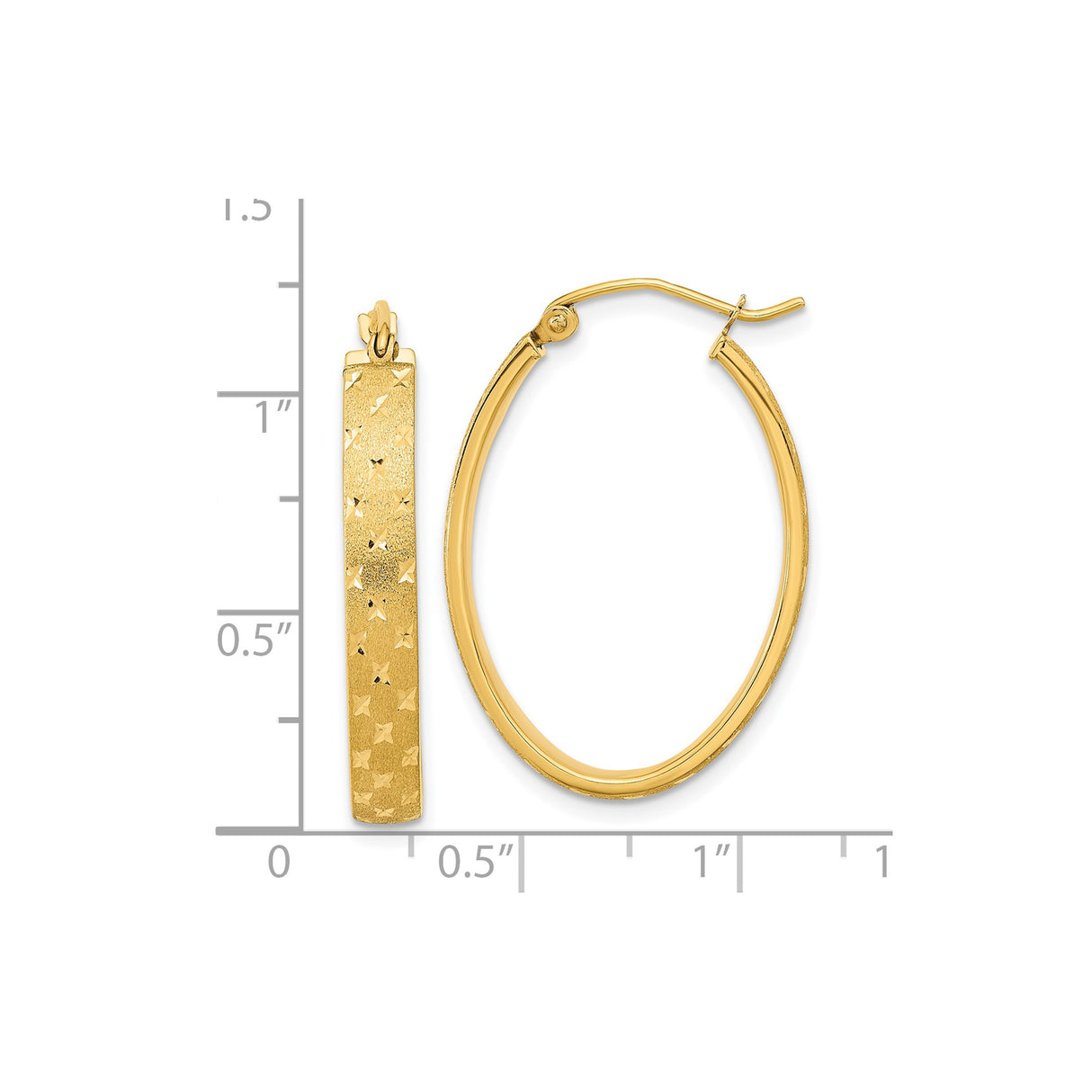 14k Yellow Gold Oval Hoop Earrings with Diamond Cut Star Pattern and Textured Finish