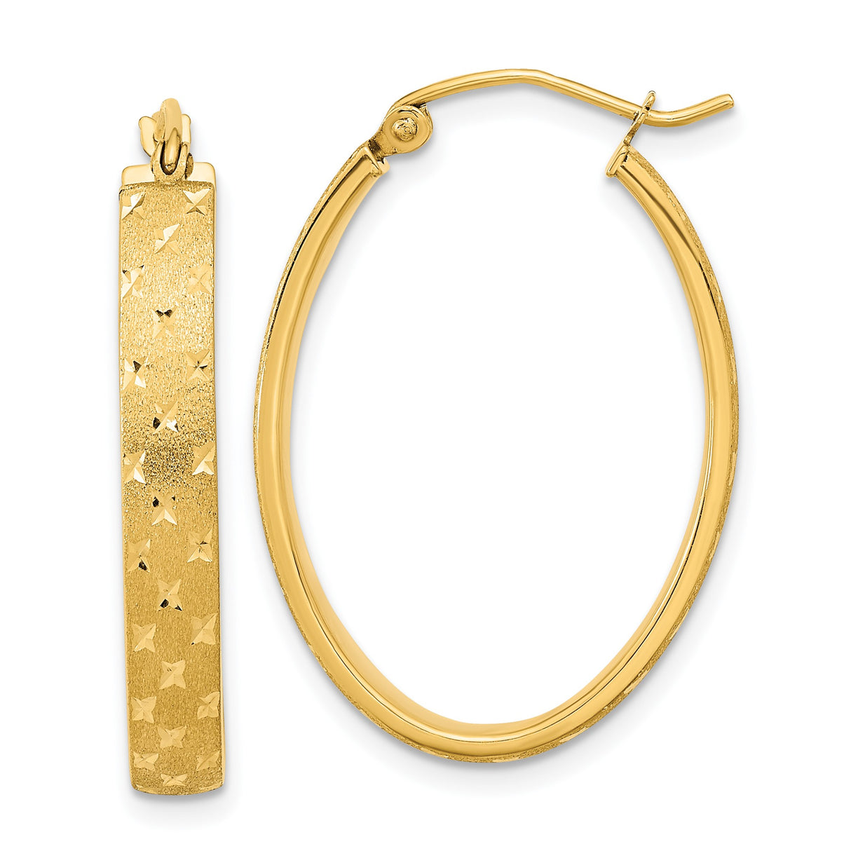 14k Yellow Gold Oval Hoop Earrings with Diamond Cut Star Pattern and Textured Finish