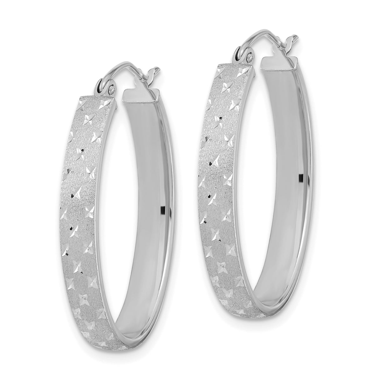 14k White Gold Oval Hoop Earrings with Textured Finish and Star-Cut Design