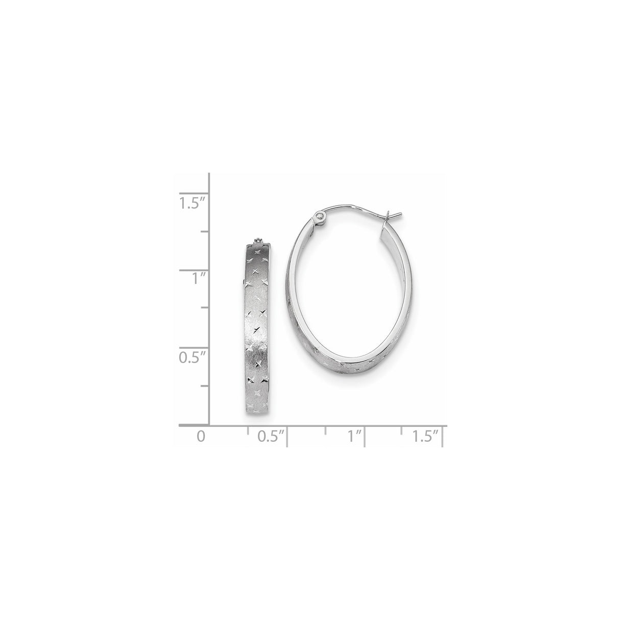 14k White Gold Oval Hoop Earrings with Textured Finish and Star-Cut Design