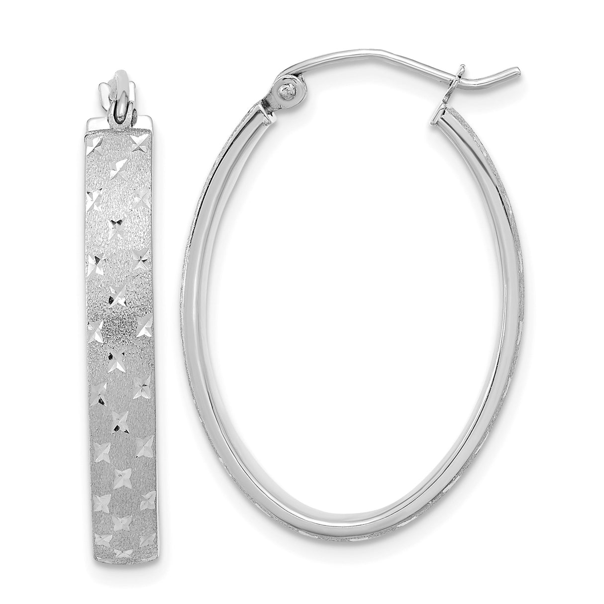 14k White Gold Oval Hoop Earrings with Textured Finish and Star-Cut Design