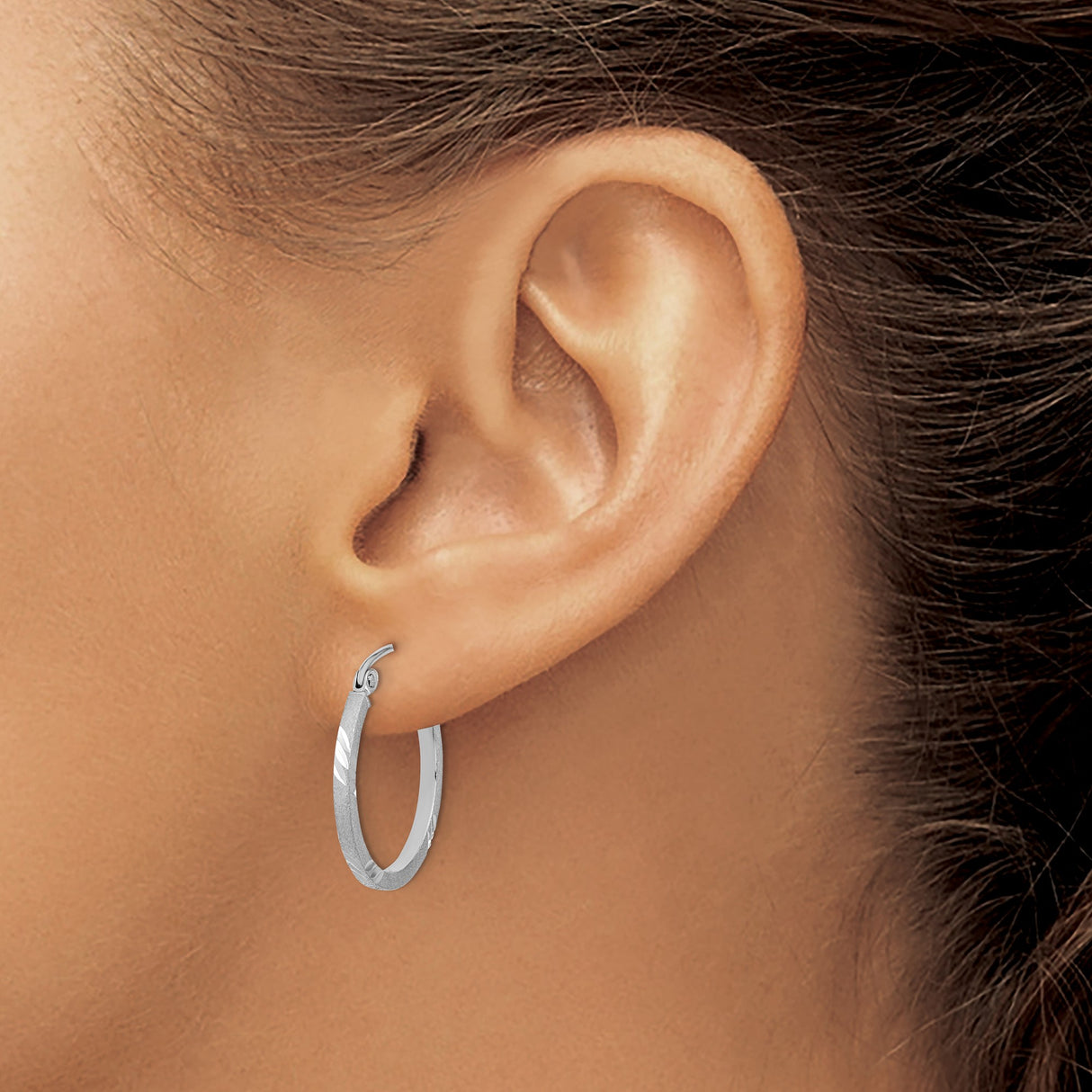 14k White Gold Hoop Earrings with Satin Finish and Polished Diagonal Cuts