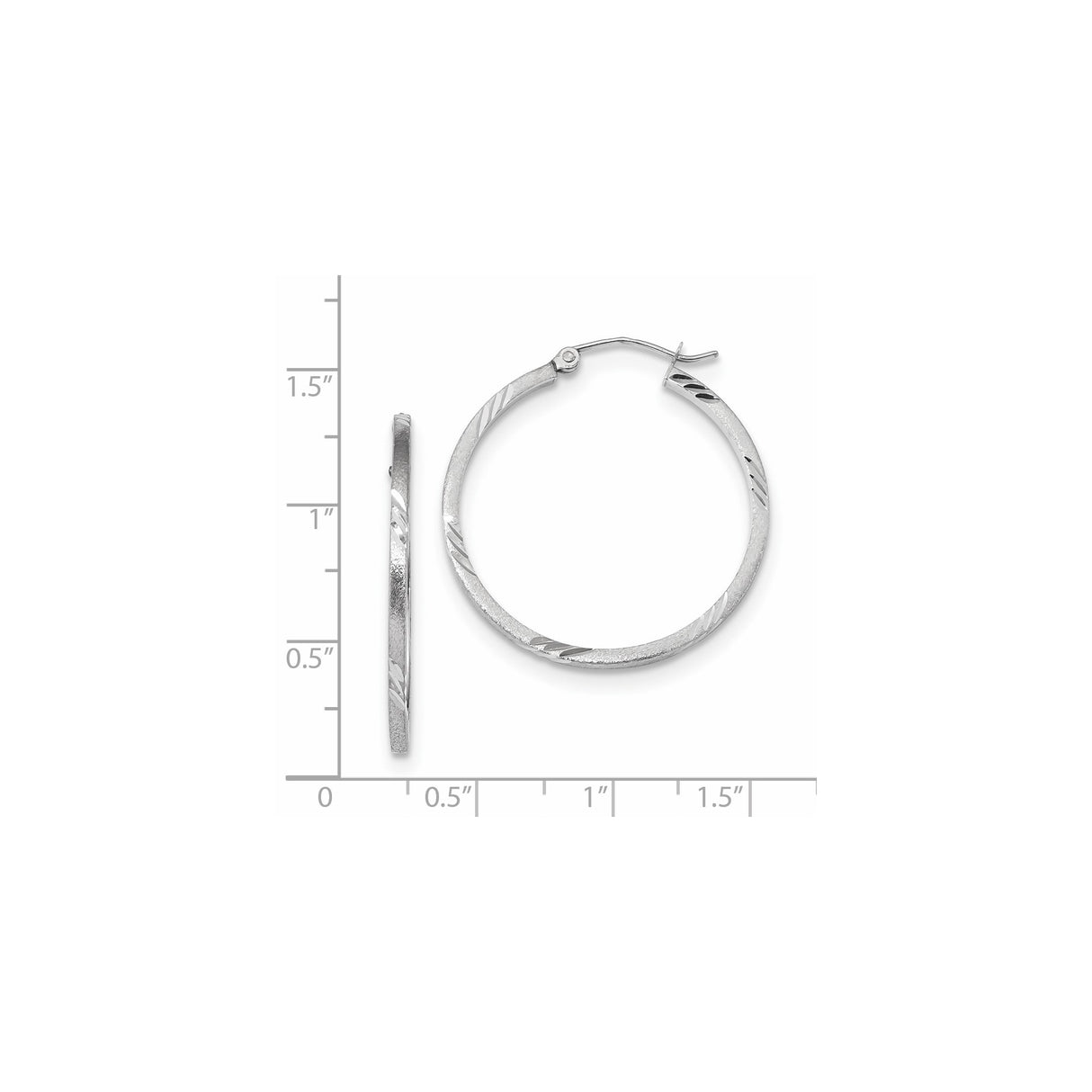 14k White Gold Hoop Earrings, Flat Textured Design with Diagonal Cuts, Lightweight Modern Style