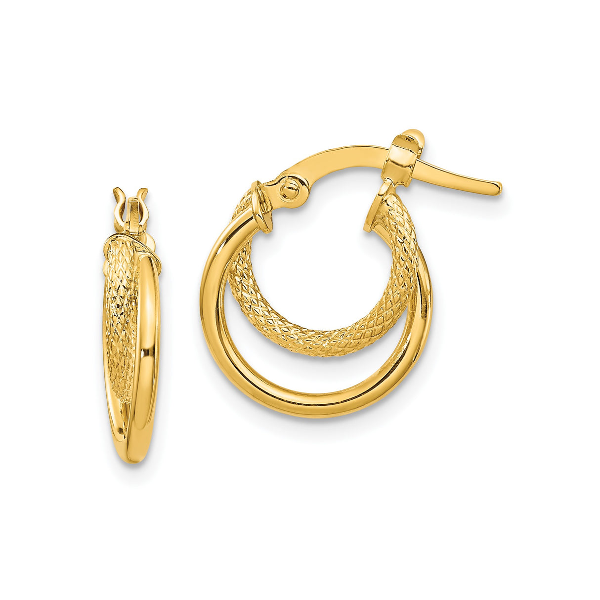 14k Yellow Gold Hoop Earrings, Double Loop with Textured and Polished Diamond Cut Finish