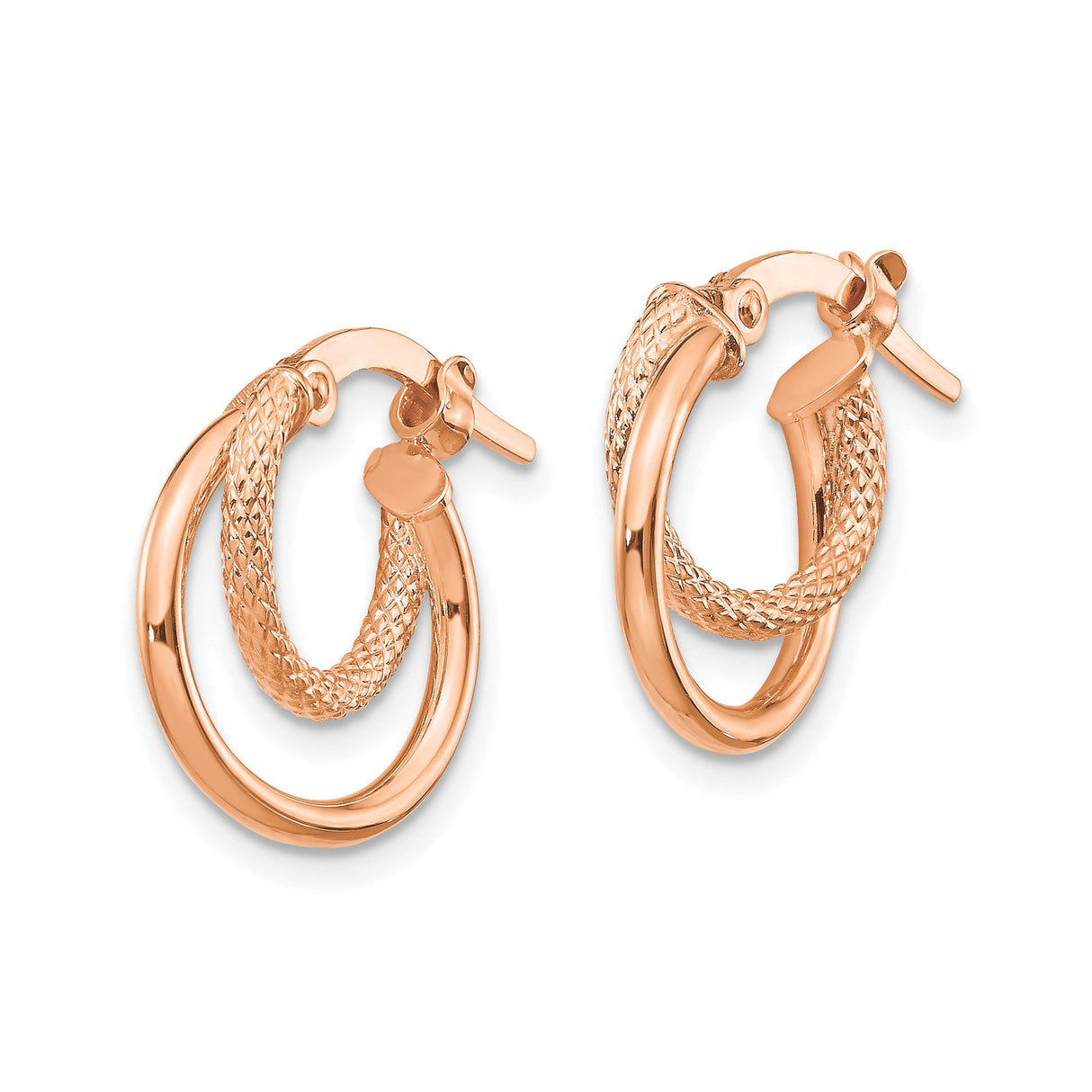 14k Rose Gold Double Hoop Earrings with Textured Diamond-Cut Pattern
