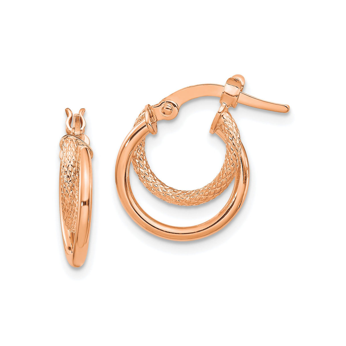 14k Rose Gold Double Hoop Earrings with Textured Diamond-Cut Pattern