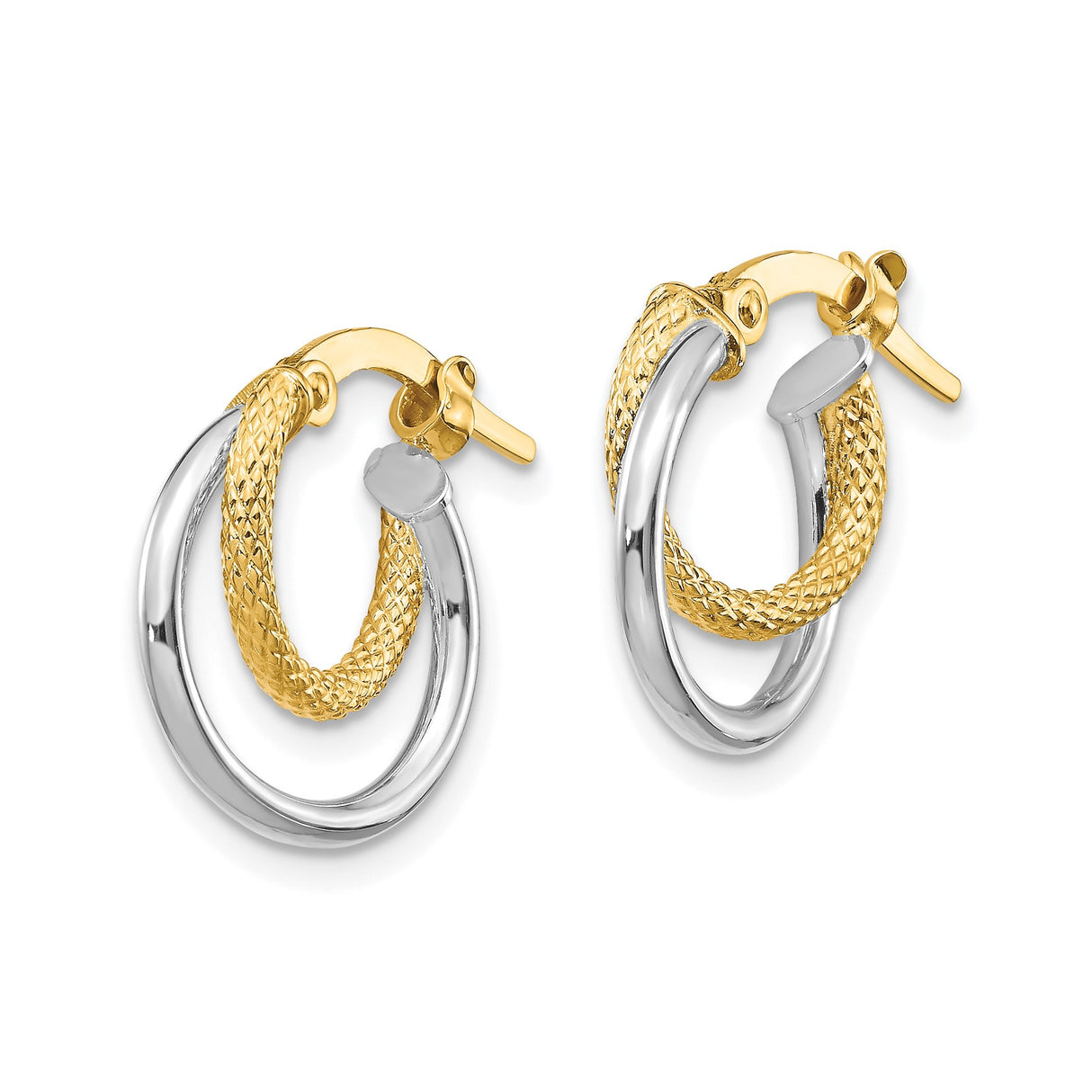 14k Yellow Gold Hoop Earrings, Two-Tone Interlocking Bands, Textured and Polished Finish