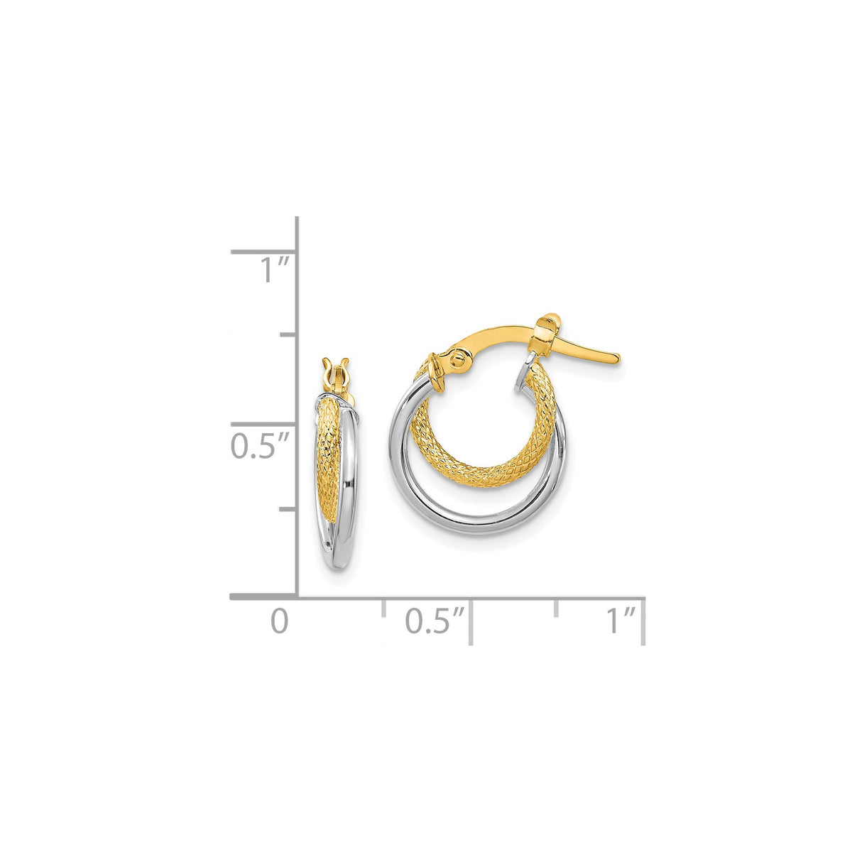 14k Yellow Gold Hoop Earrings, Two-Tone Interlocking Bands, Textured and Polished Finish