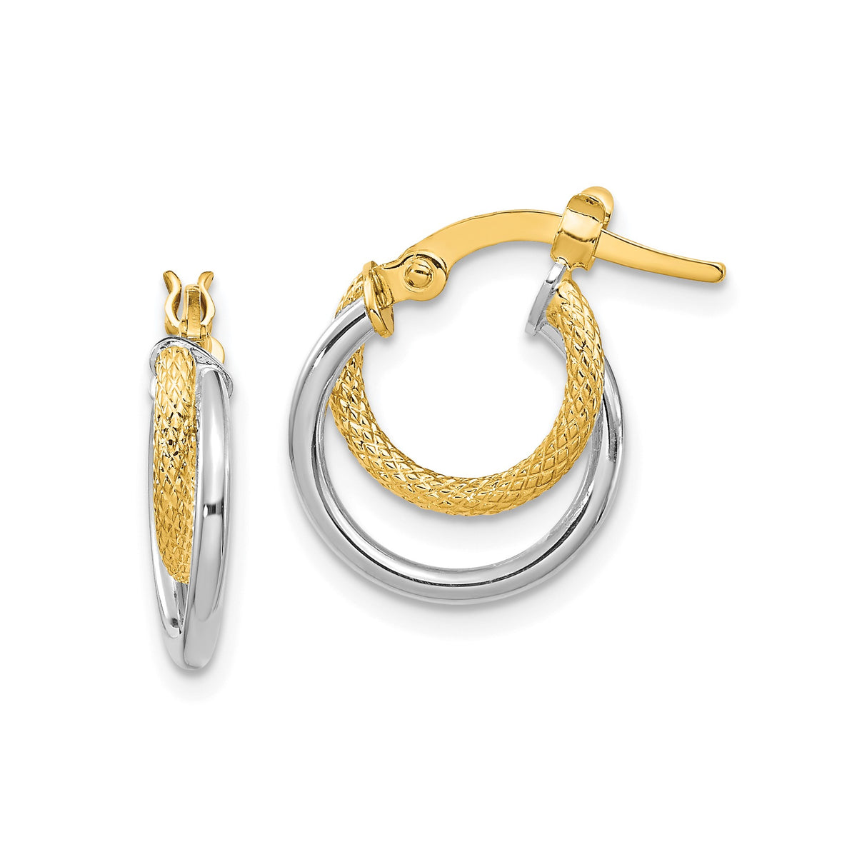 14k Yellow Gold Hoop Earrings, Two-Tone Interlocking Bands, Textured and Polished Finish