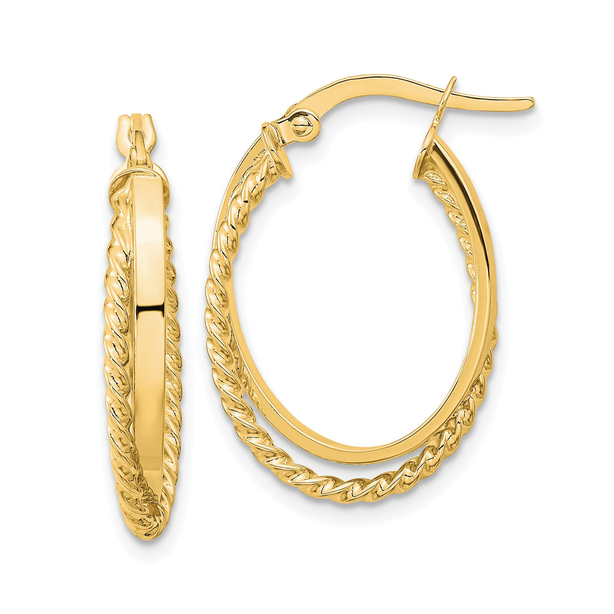 14k Yellow Gold Oval Hoop Earrings with Polished Finish and Rope Design