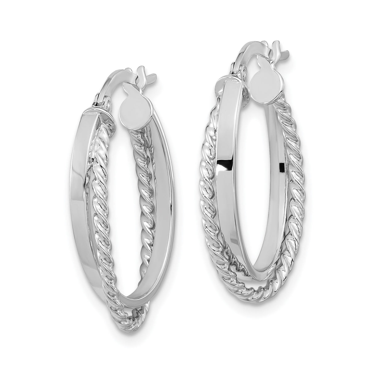14k White Gold Oval Hoop Earrings with Twisted Rope Design and Textured Finish