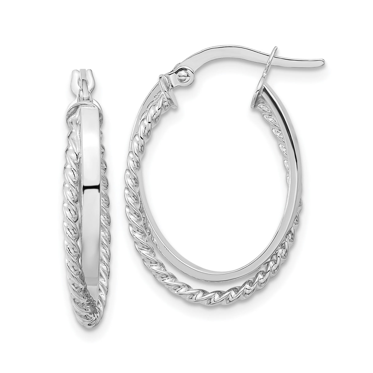 14k White Gold Oval Hoop Earrings with Twisted Rope Design and Textured Finish