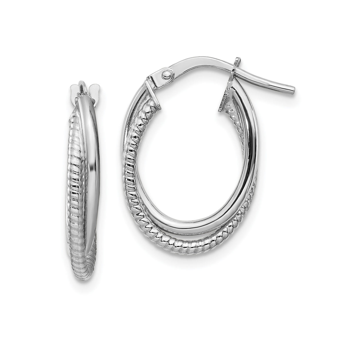 14k White Gold Oval Hoop Earrings, Polished and Ridged Texture, Lightweight Classic Style