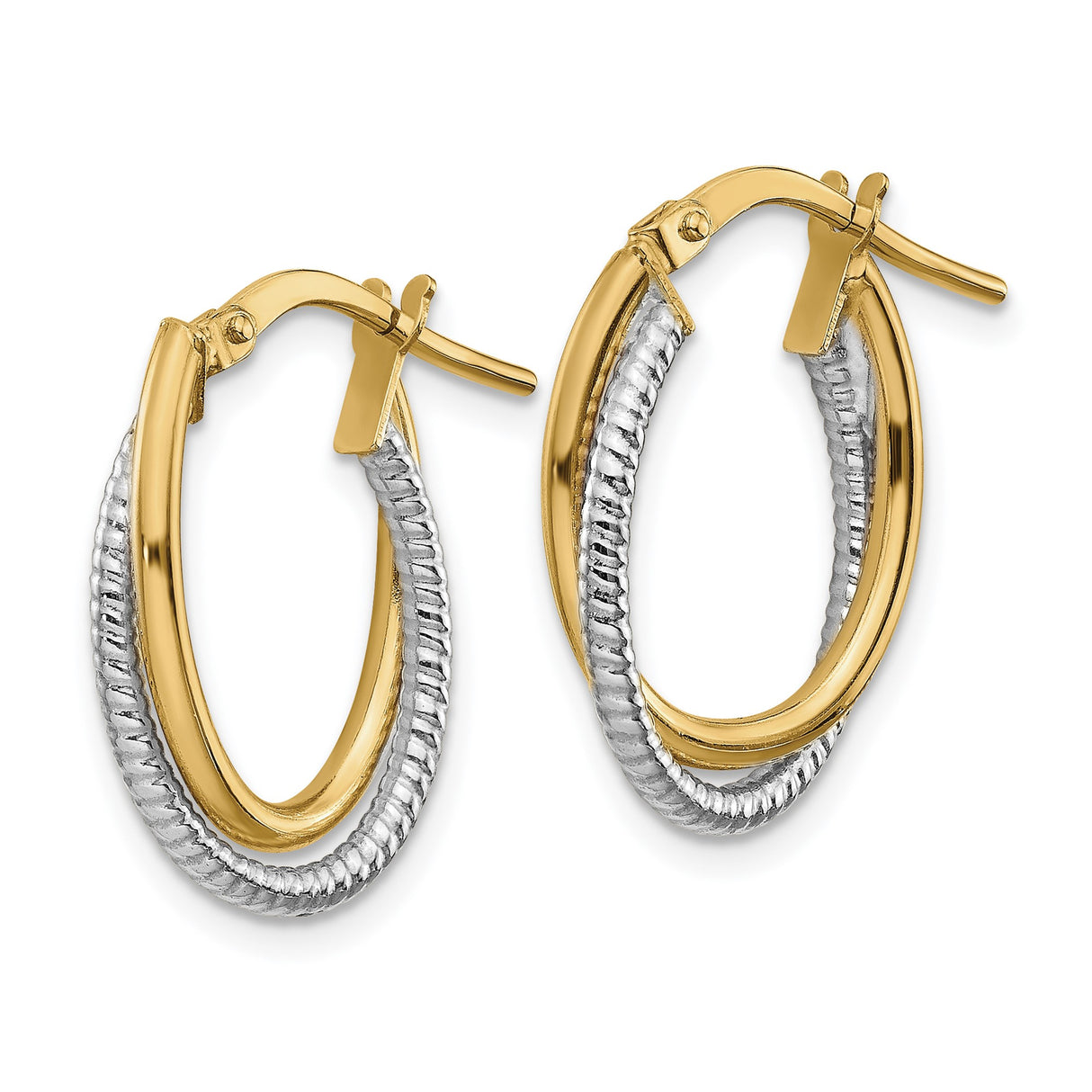 14k Two-Tone Gold Oval Hoop Earrings with Polished and Textured Rope Design for Women