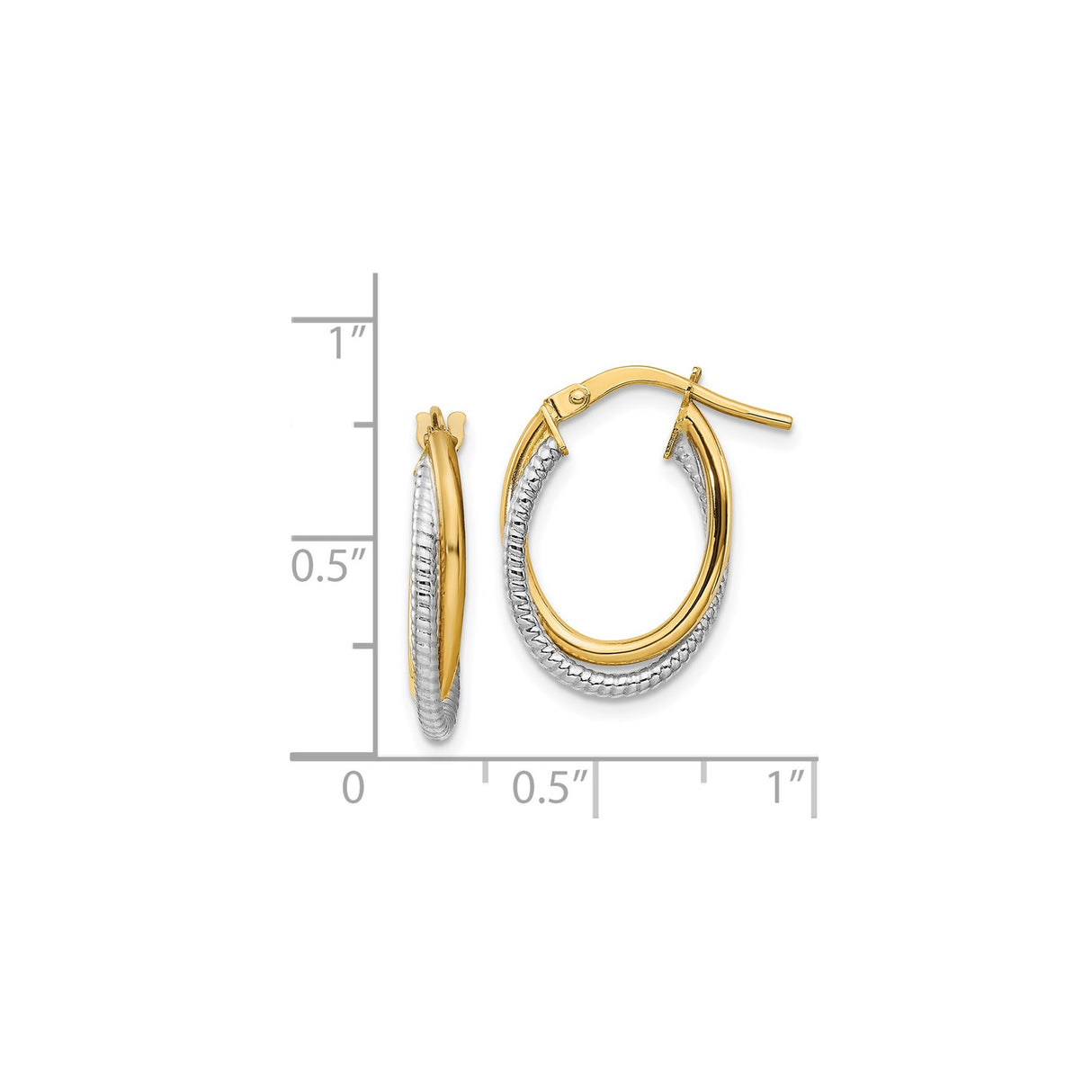 14k Two-Tone Gold Oval Hoop Earrings with Polished and Textured Rope Design for Women