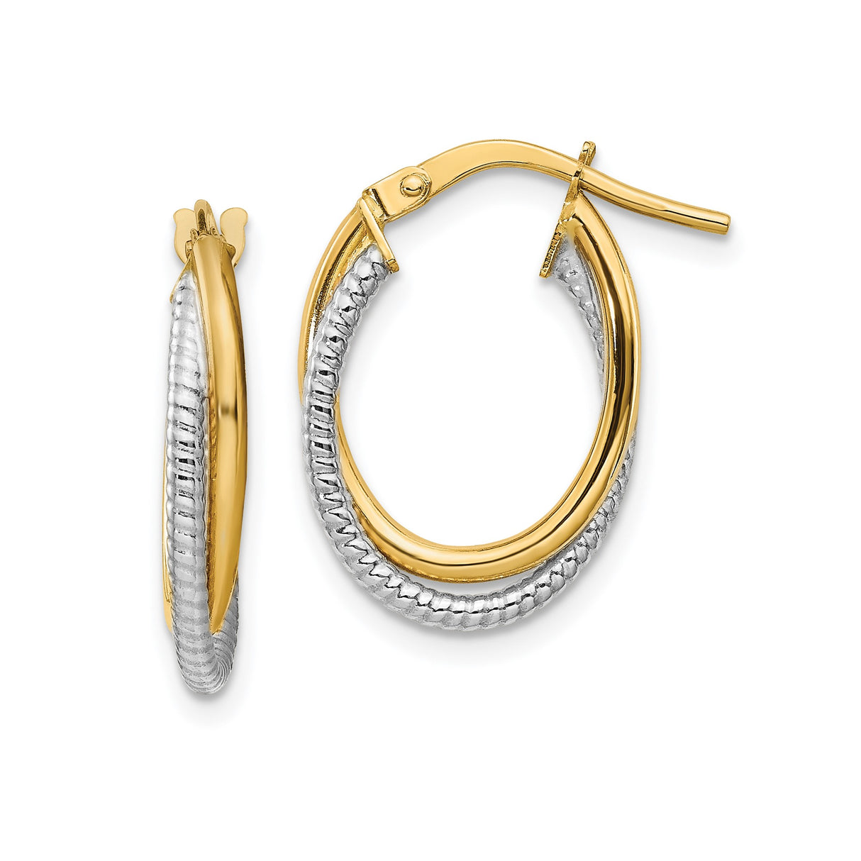 14k Two-Tone Gold Oval Hoop Earrings with Polished and Textured Rope Design for Women