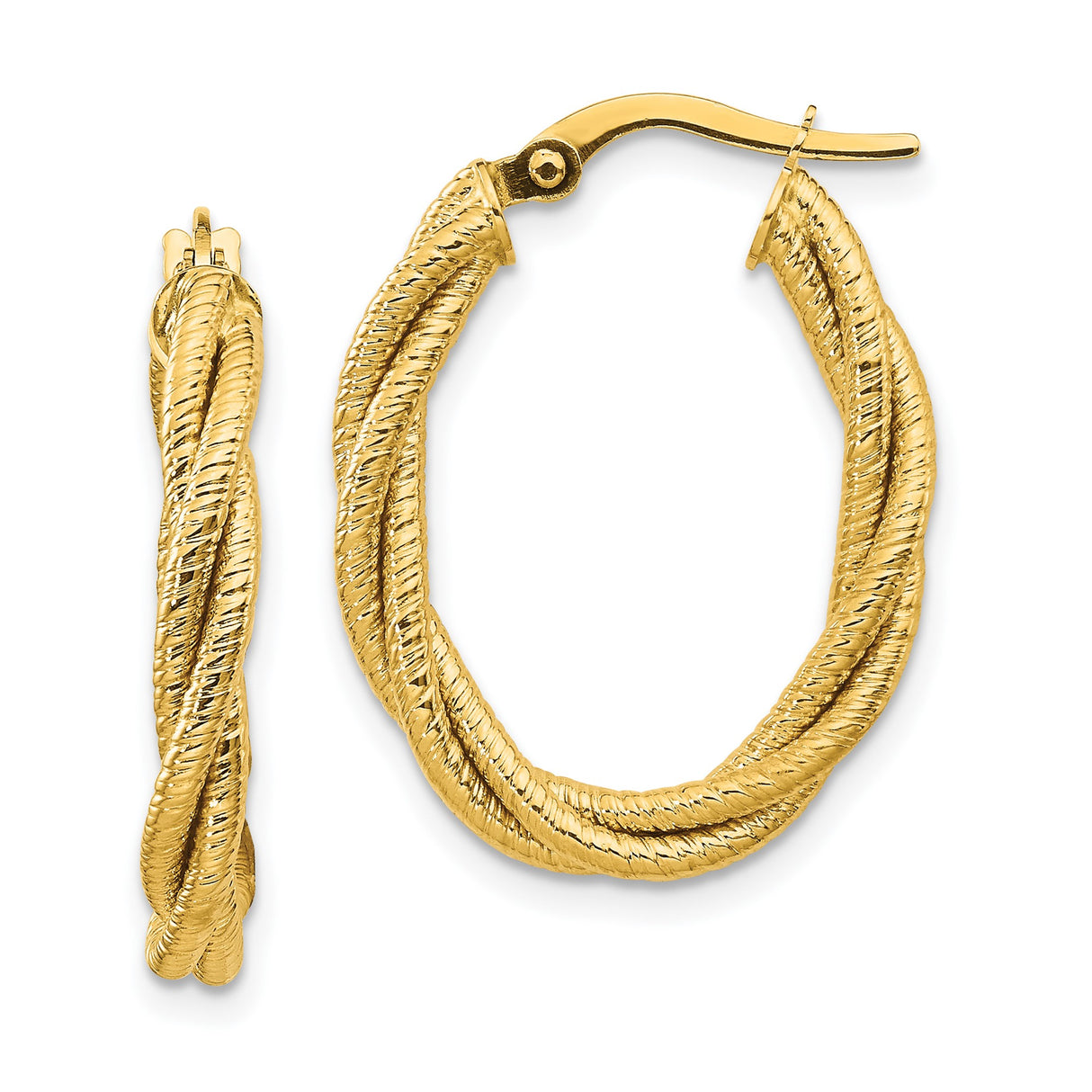 14k Yellow Gold Twisted Hoop Earrings, Lightweight Oval Rope Design for Women