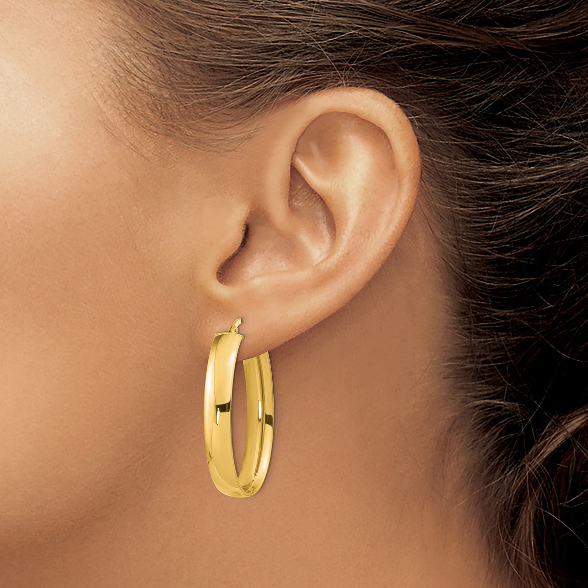 14k Yellow Gold Oval Hoop Earrings, Flat Edge, High Polish, Latch Back, Medium Size for Women