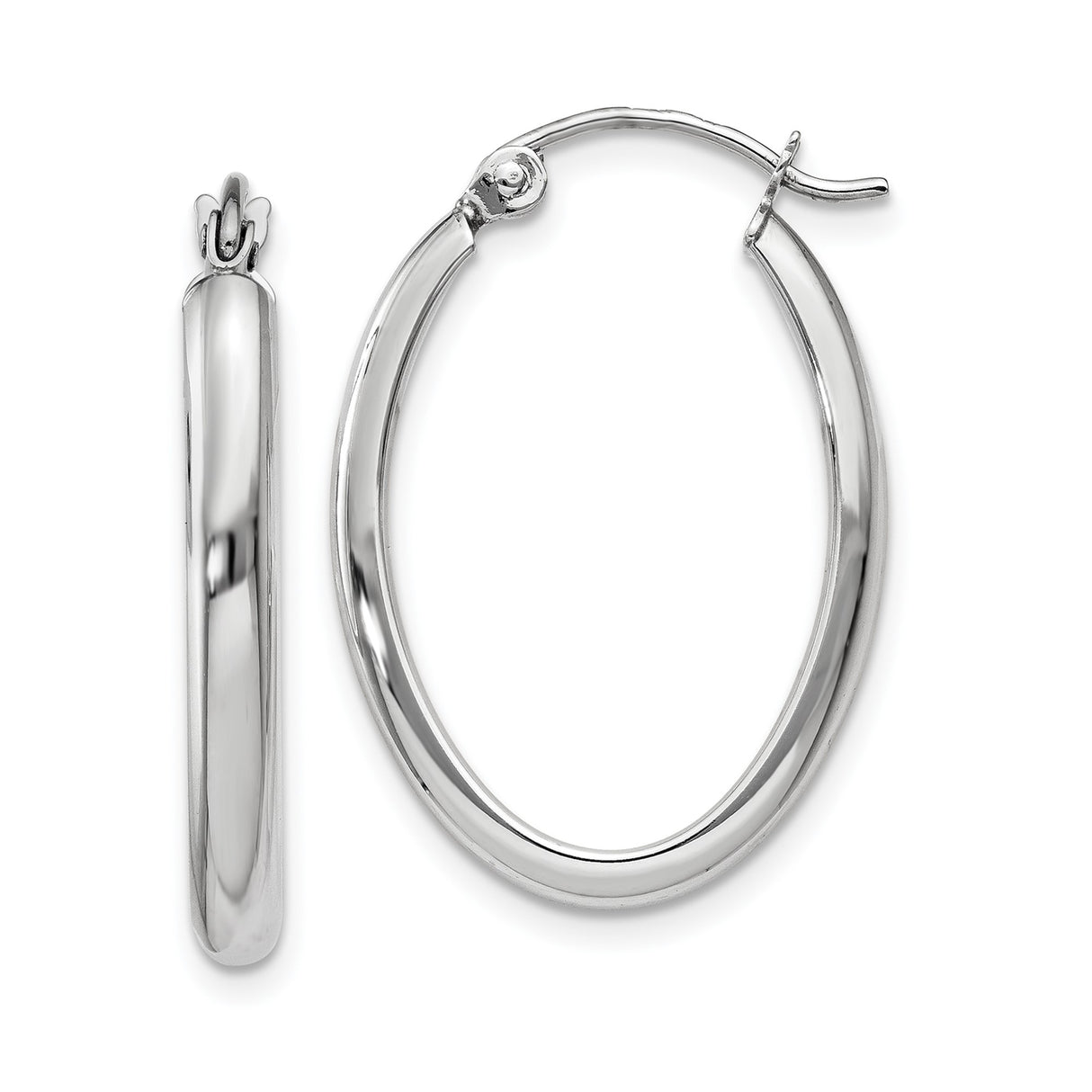 14k White Gold Oval Hoop Earrings, Classic Tube Hoops with High Polish Finish for Women