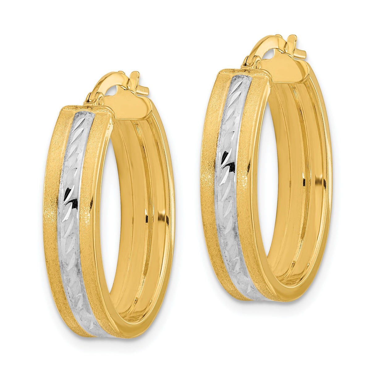 14k Yellow Gold Oval Hoop Earrings with Diamond Cut Rhodium Stripe, Two-Tone Polished Design