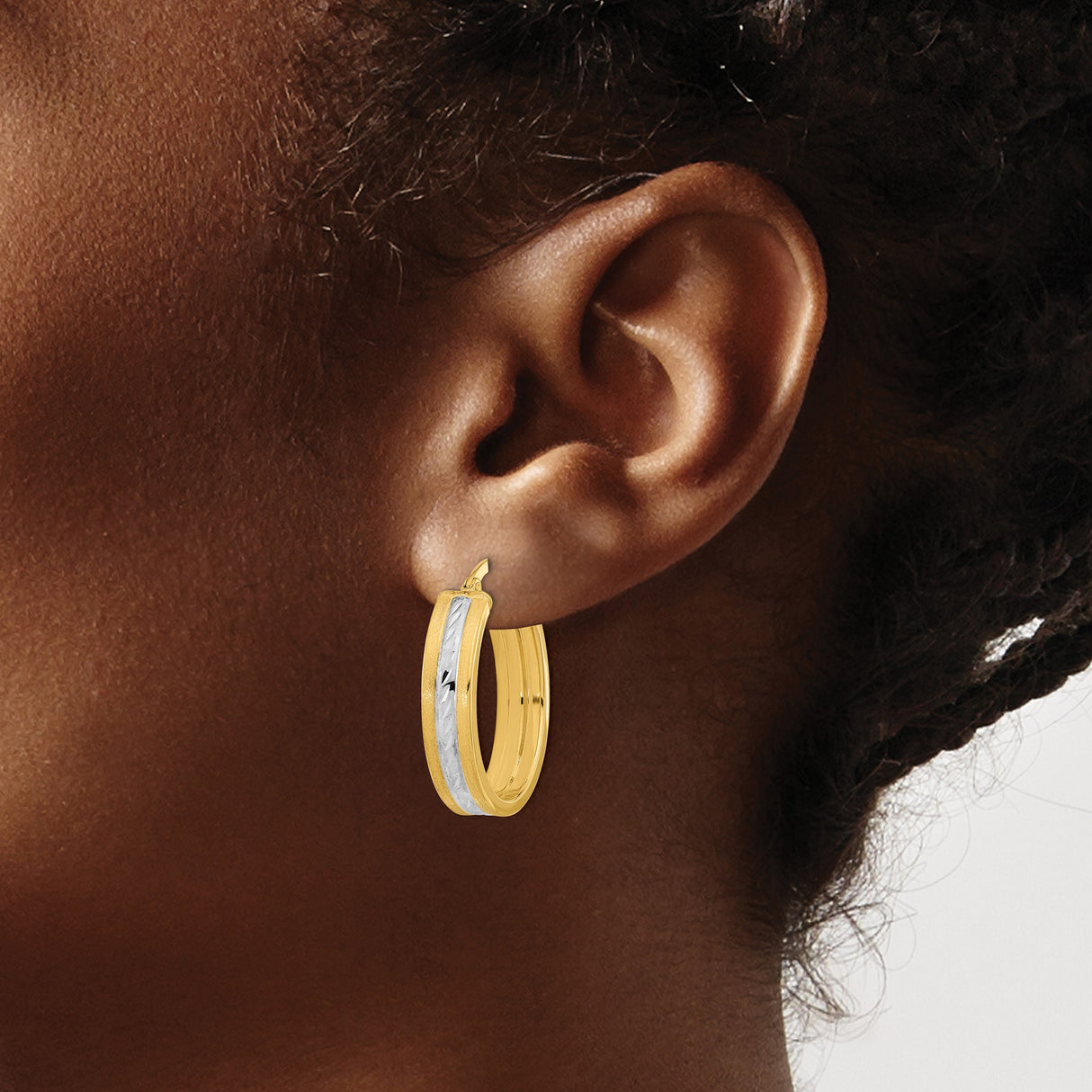 14k Yellow Gold Oval Hoop Earrings with Diamond Cut Rhodium Stripe, Two-Tone Polished Design